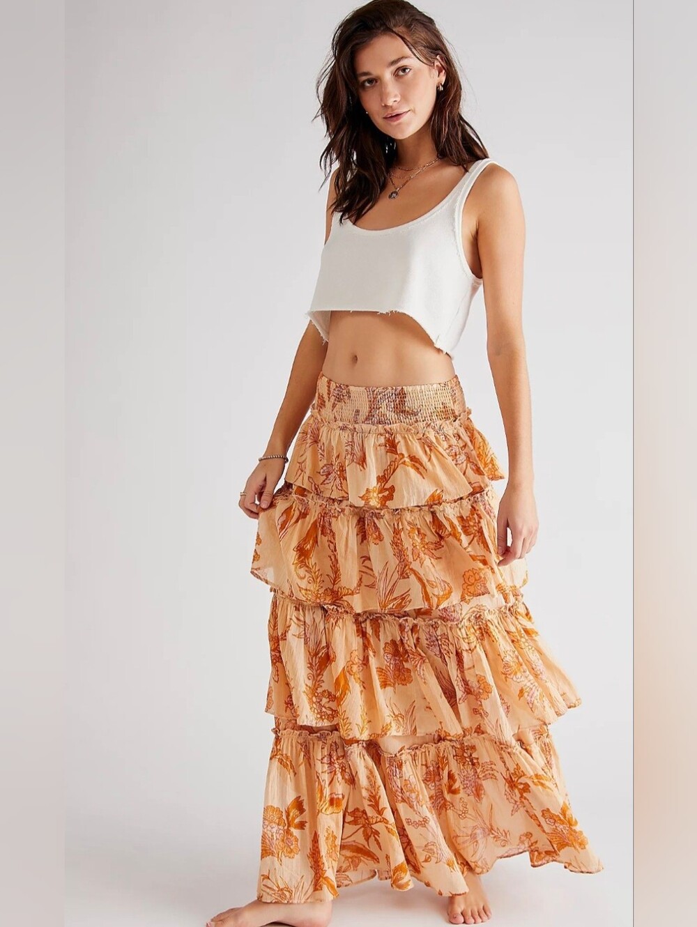 Free People Peach Floral Tiered Maxi Skirt L New Without Tags